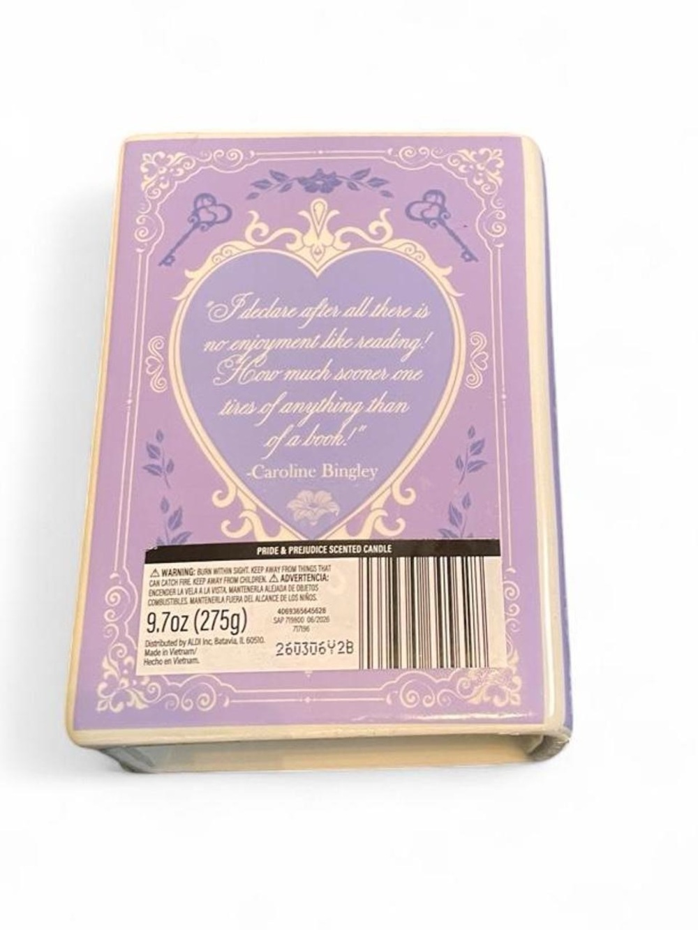 Aldi Pride and Prejudice Book Candle Jane Austen Lavender Ornate Unused NWOT - Picture 3 of 3